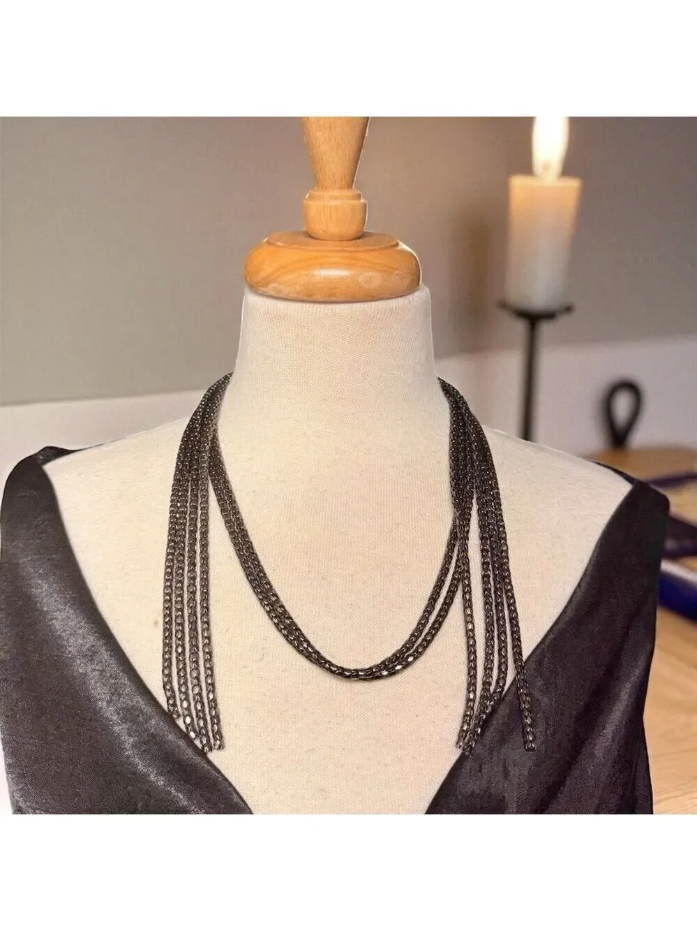 Vintage Gunmetal Crystal Multistrand Necklace 90s